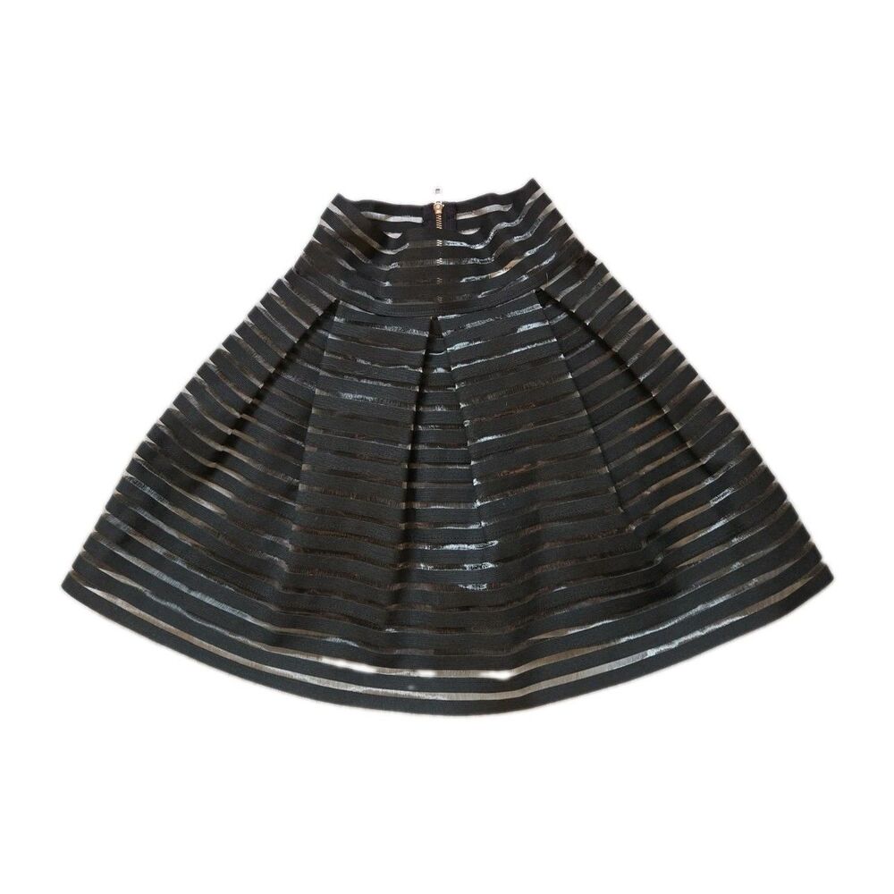 Ginger G Black Sheer Striped Full Skater Skirt Women's Small Lined Zip Back GUC